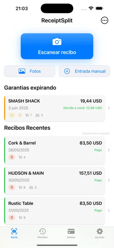 Aba Início mostrando a seção Garantias a vencer com uma nota fiscal do Magalu acima de Notas fiscais recentes