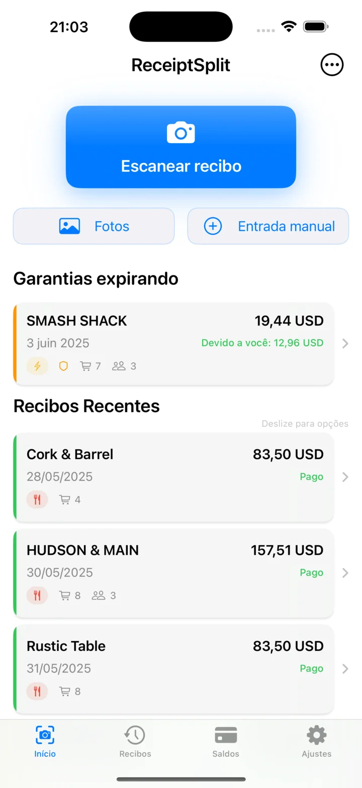 Aba inicial mostrando a seção de garantias expirando acima de Recibos recentes