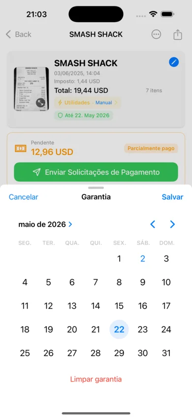 Seletor de data de garantia aberto em uma nota fiscal do Magalu, com padrão em maio de 2026